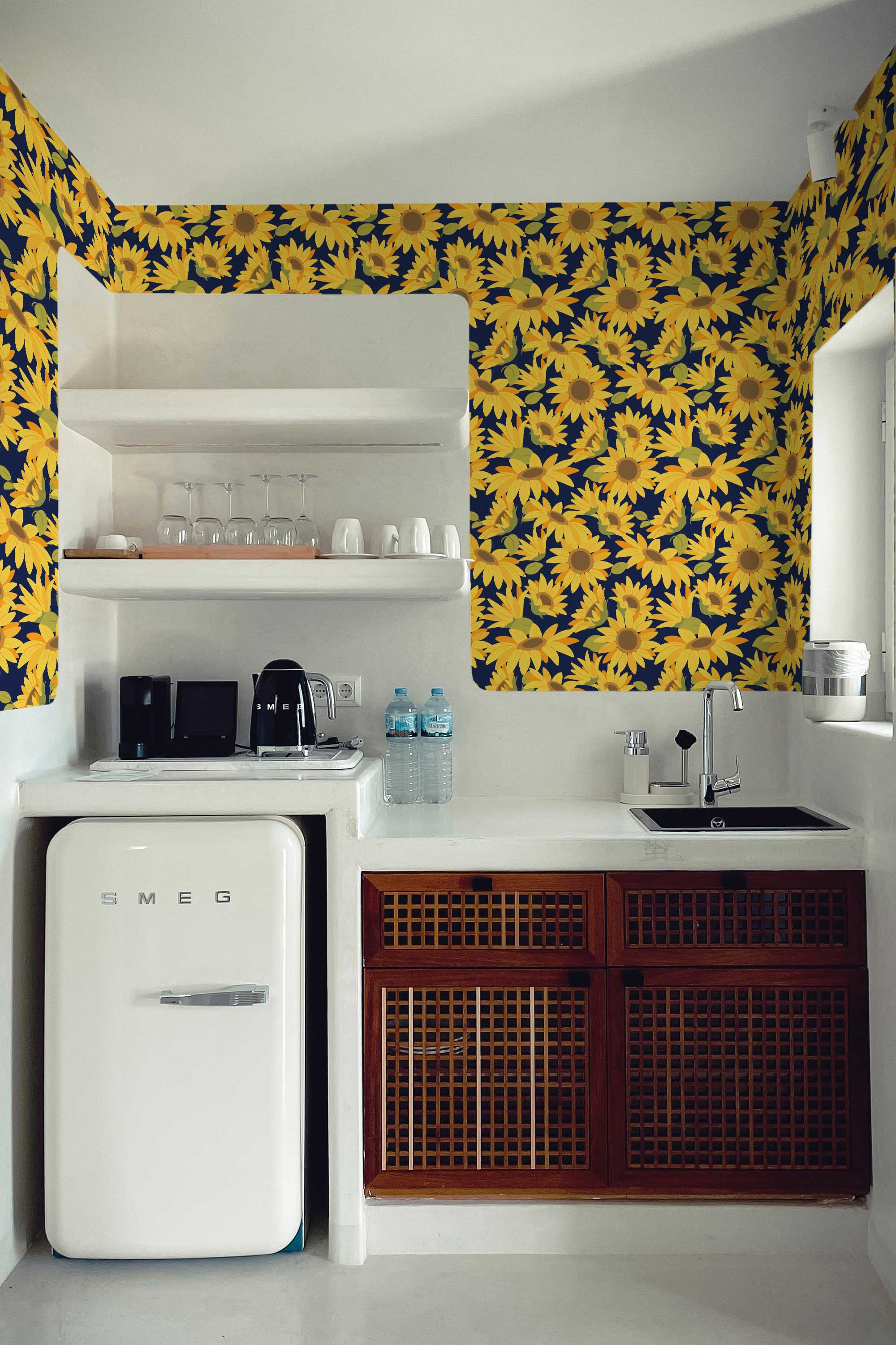 Self-adhesive wallpaper from Fancy Walls with bold floral sunflowers in yellow on blue for cheerful home decor