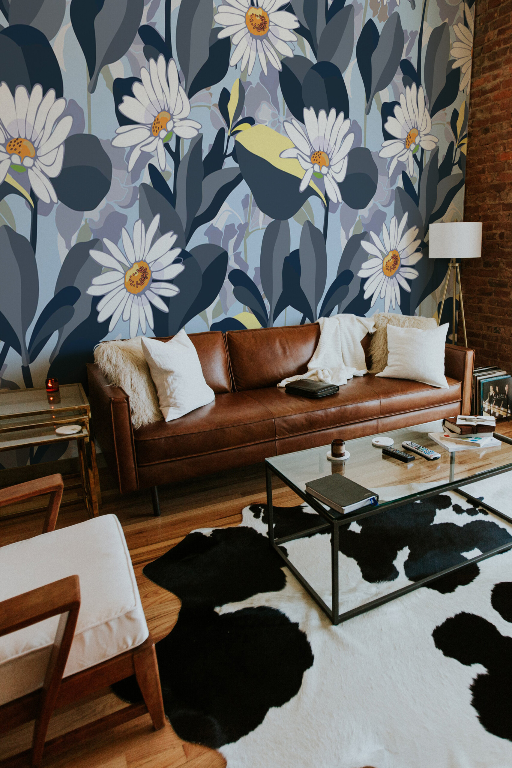 Midnight Daisy Meadow traditional non-pasted wall mural with bold daisy flowers and shadowed foliage in modern blue décor for living room, available in custom sizes