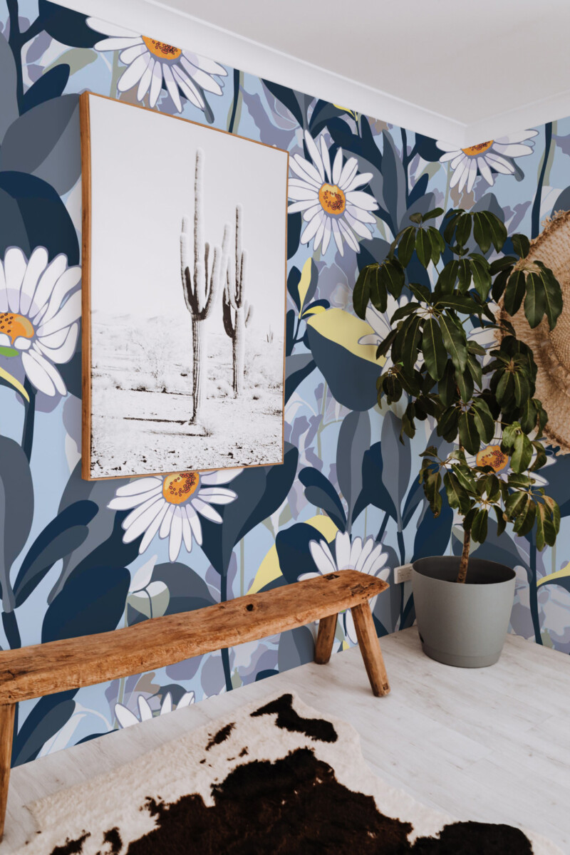 Midnight Daisy Meadow peel and stick wall mural with layered floral leaves and white daisies in dark modern botanical style for living room décor, available in custom sizes