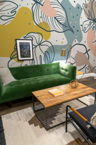 Fancy Walls Monstera Line Art Pop traditional non-pasted eco-friendly wall mural featuring bold botanical line art leaves and soft boho tones for modern décor.