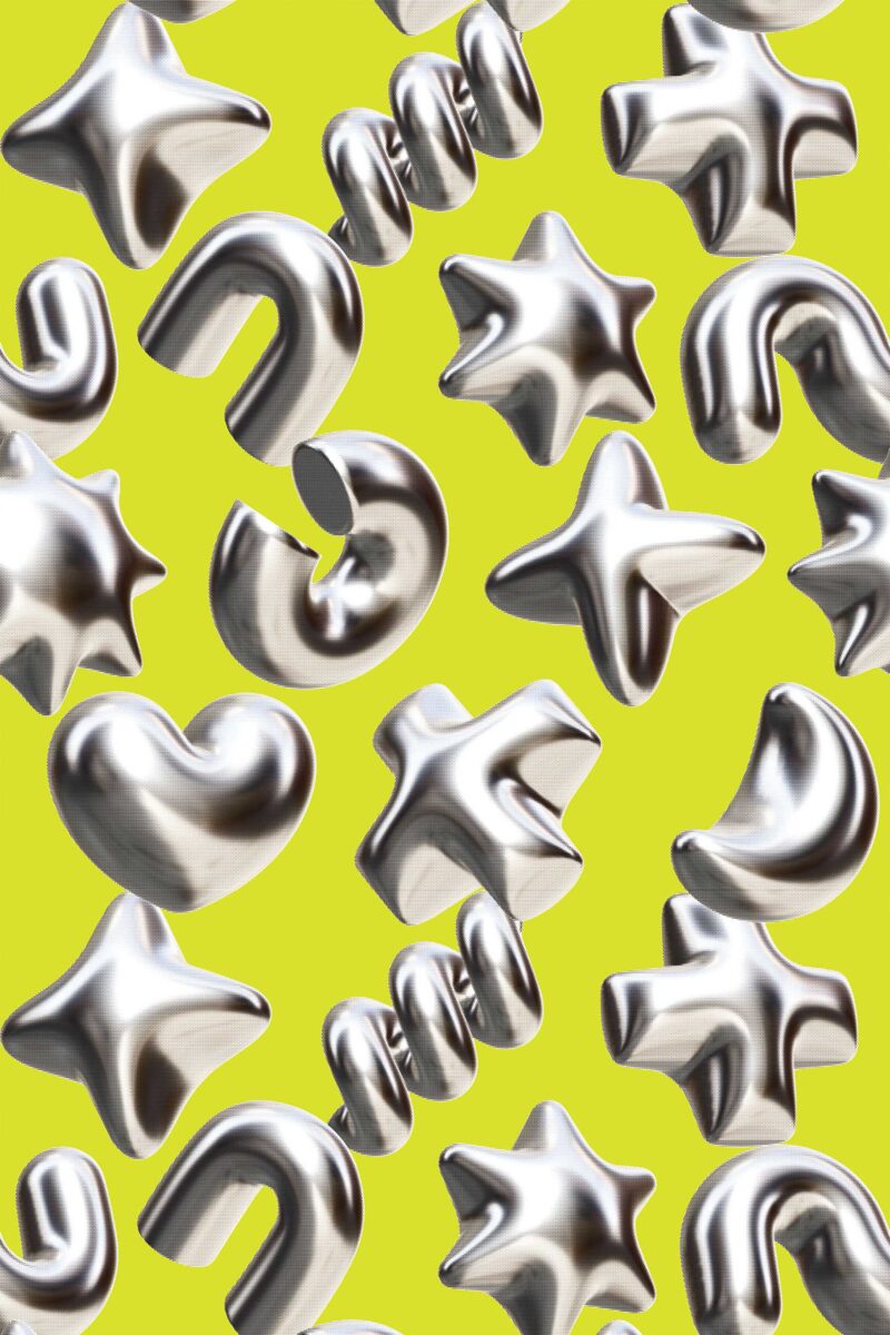 Chartreuse colored wallpaper with 3D silver objects forming a repeating modern pattern.