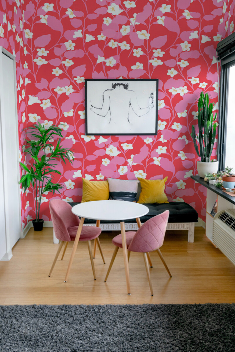 Pink Floral Confetti peel and stick wall mural with ditsy blossoms on vibrant pink background, creating playful modern floral décor for teen girls bedroom