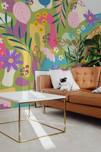 Fancy Walls Playful Wildflower Garden peel and stick PVC-free wall mural with colorful wildflowers and abstract botanical shapes for vibrant interior décor.