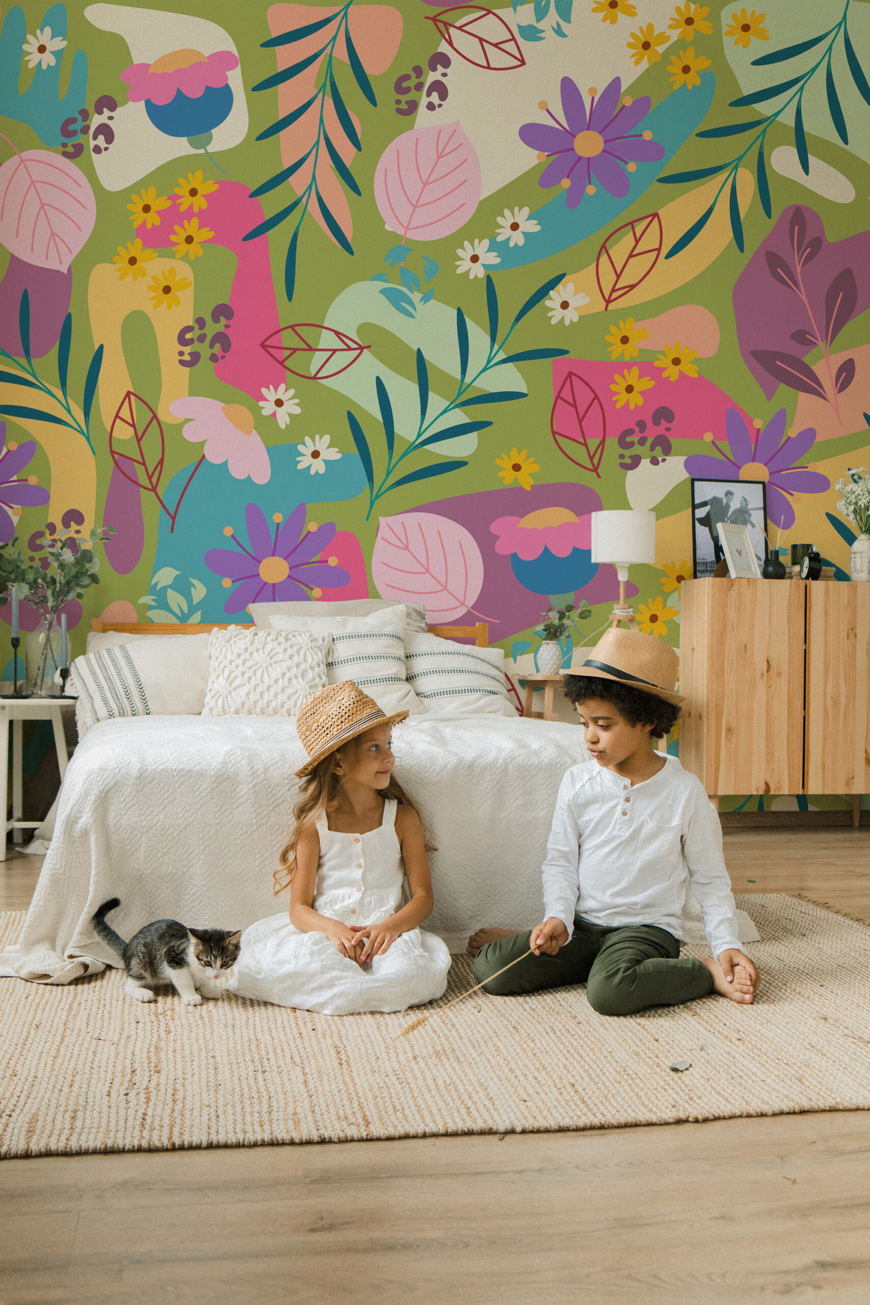 Fancy Walls Playful Wildflower Garden removable wall mural with colorful flowers and leafy botanical shapes creating lively garden décor.