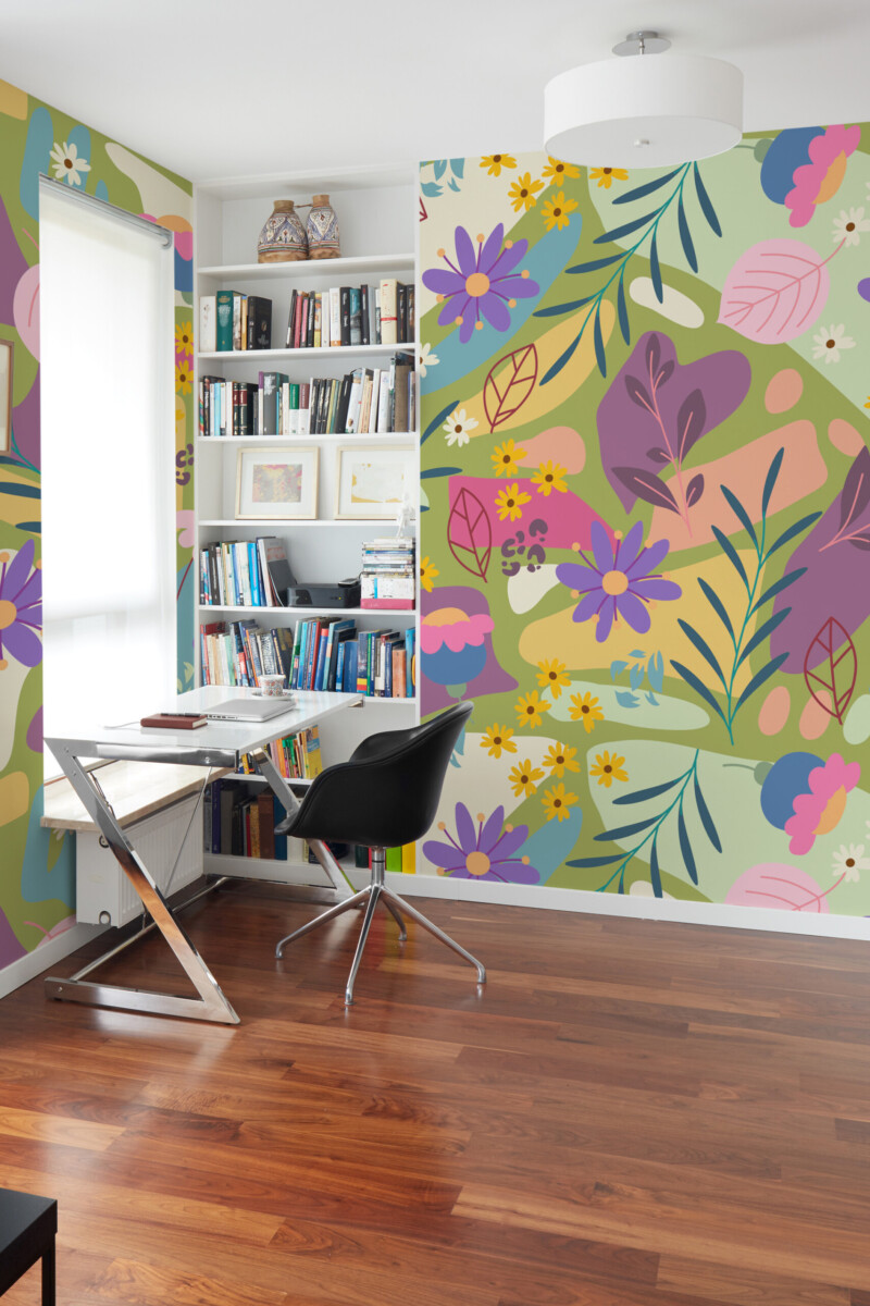 Fancy Walls Playful Wildflower Garden eco-friendly peel and stick wall mural with bright wildflowers and abstract botanical pattern for cheerful interiors.