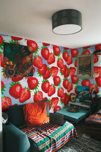 Fancy Walls traditional non-pasted eco-friendly wall mural featuring juicy red strawberries and clouds for fun kitchen and creative décor.