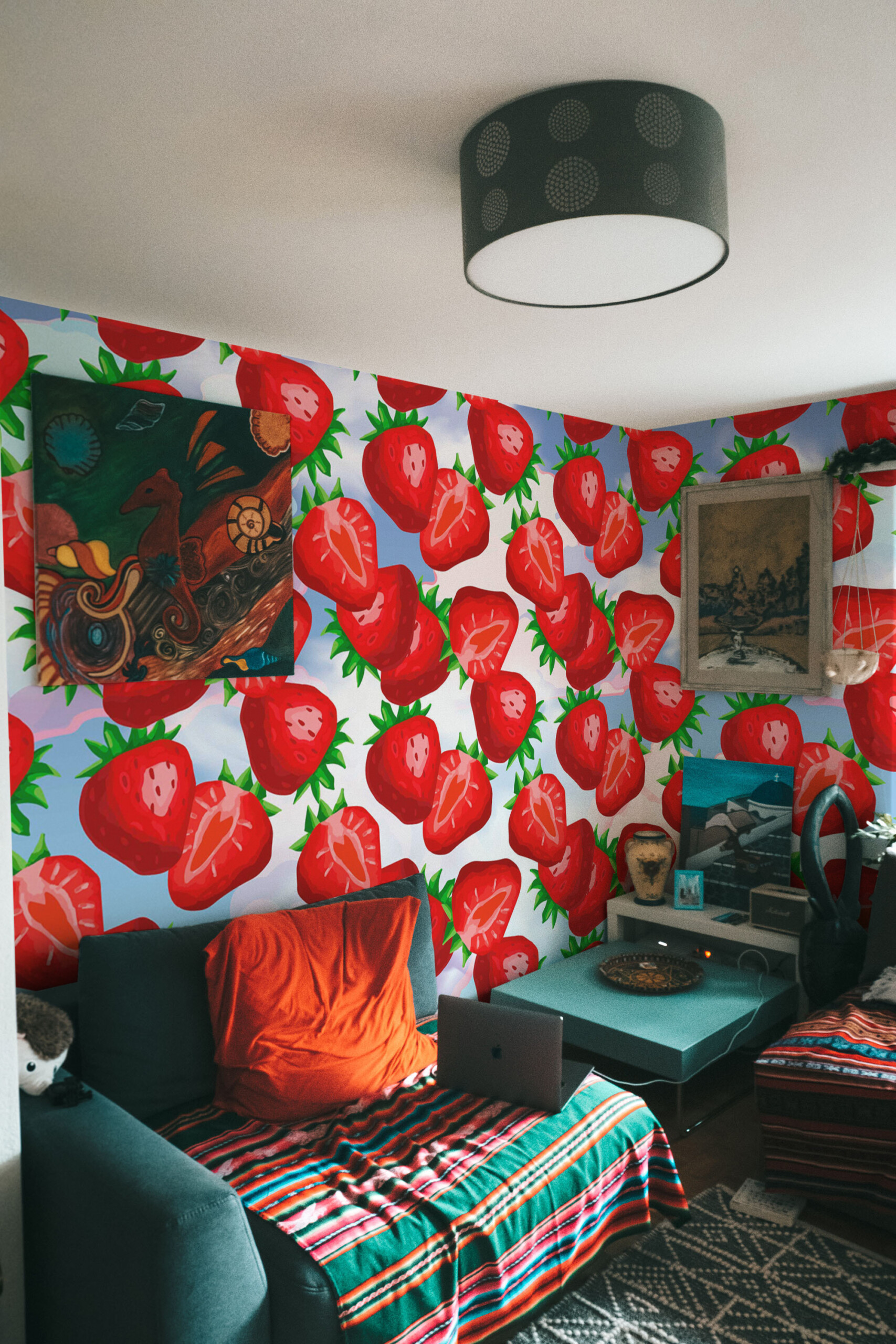 Fancy Walls traditional non-pasted eco-friendly wall mural featuring juicy red strawberries and clouds for fun kitchen and creative décor.