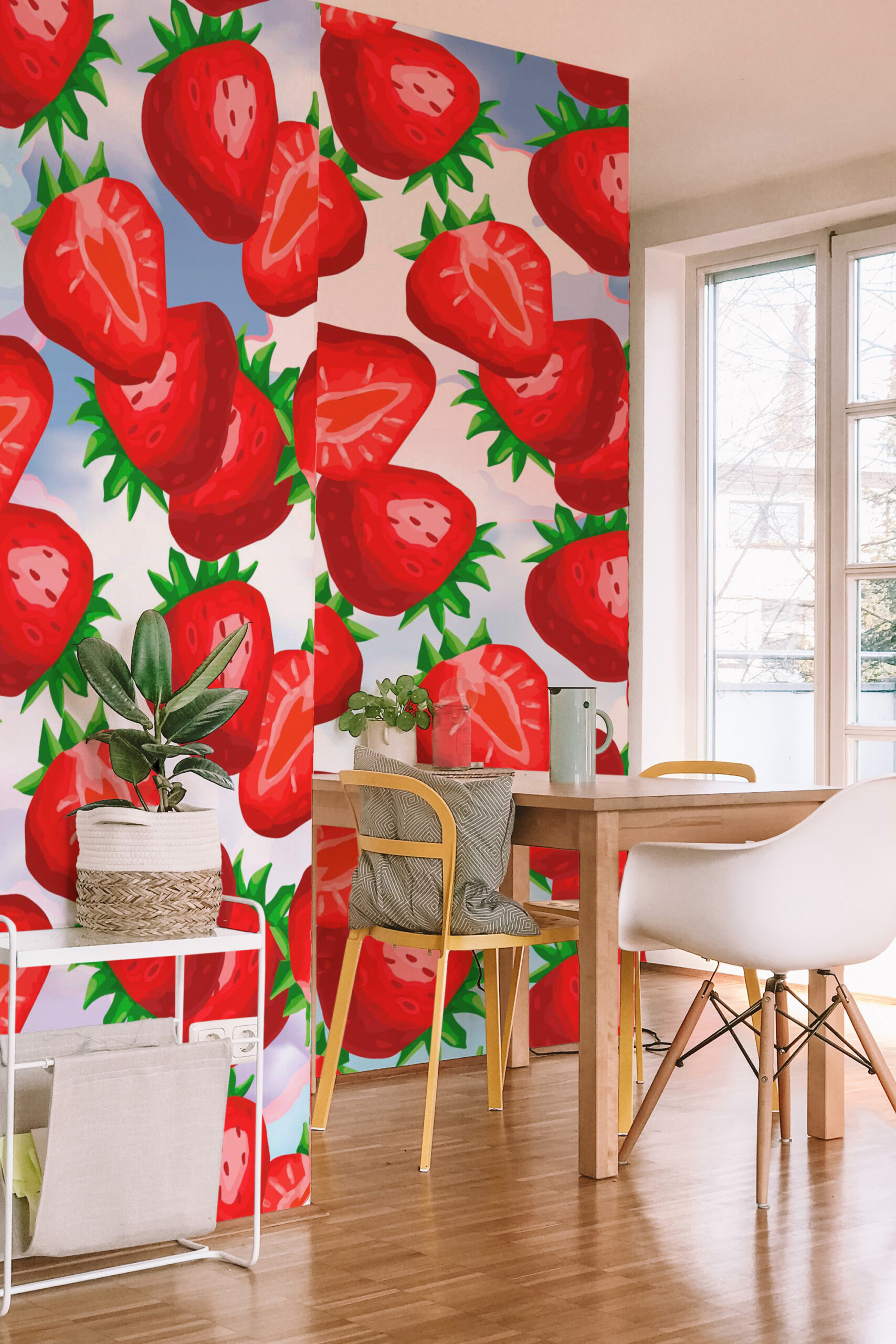 Fancy Walls removable wall mural with vibrant strawberry rain design for cheerful kids bedrooms and modern playful spaces.
