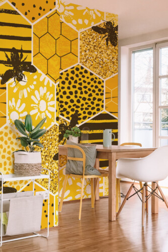 Sunny Honeycomb Meadow peel and stick wall mural with bee motifs and hexagon pattern in yellow tones, creating cheerful boho décor for kitchen