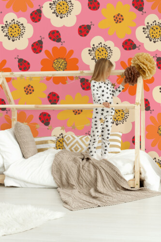 Fancy Walls Sunny Ladybug Flowers removable wall mural with colorful floral meadow and ladybug illustrations creating sunny garden décor.