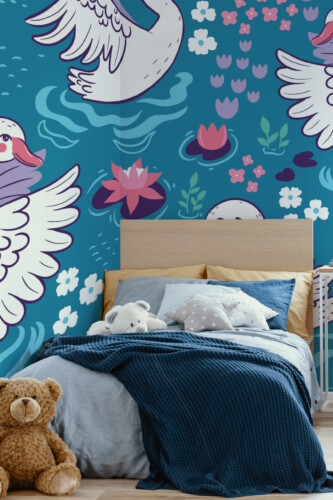 Swan Floral Pond peel and stick wall mural with swans, flowers, and lily pads on blue background, creating playful décor for girls and kids room