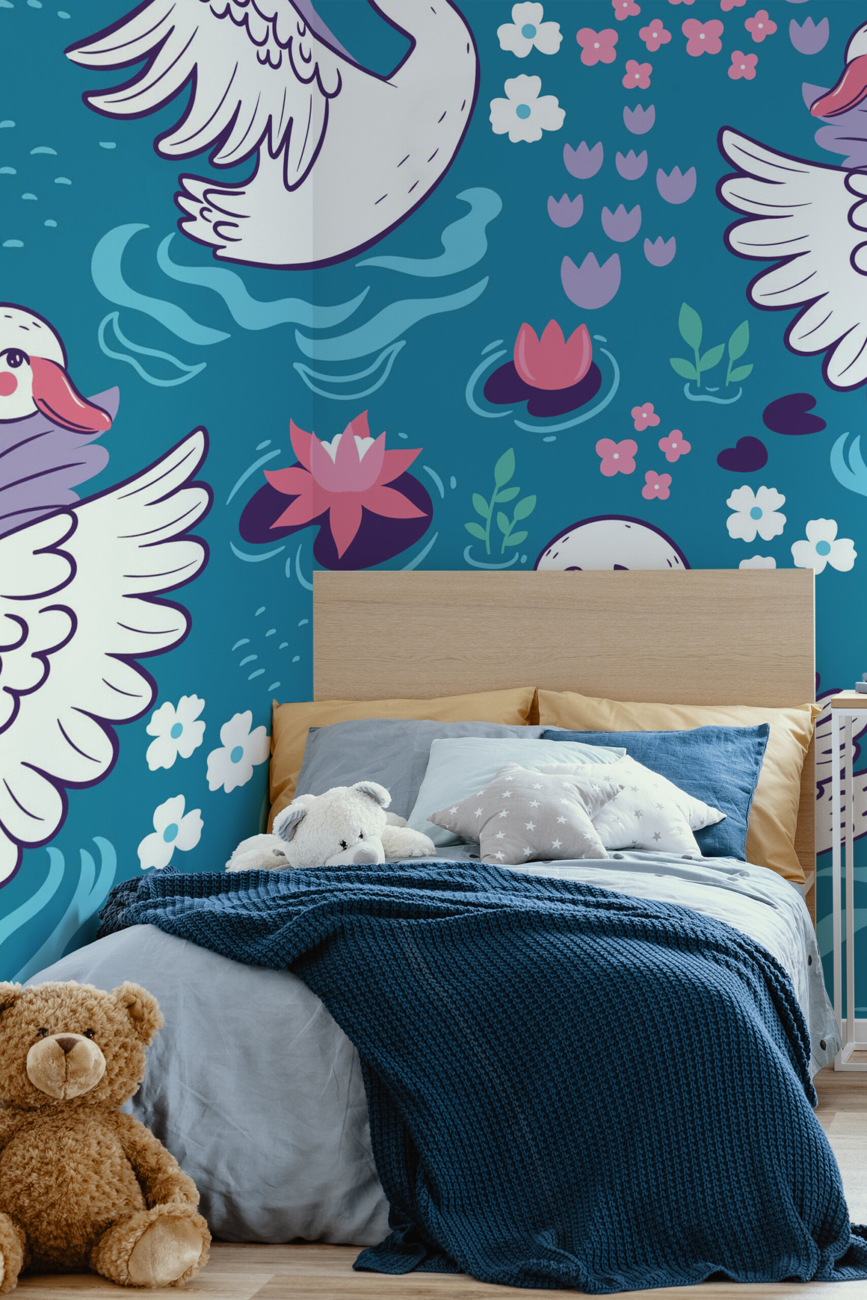 Swan Floral Pond peel and stick wall mural with swans, flowers, and lily pads on blue background, creating playful décor for girls and kids room