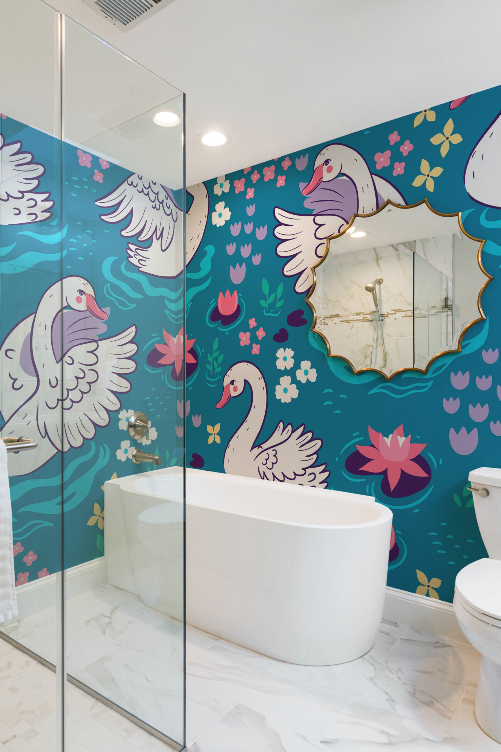 Swan Floral Pond traditional non-pasted wall mural featuring elegant swans and floral pond scene, adding whimsical style to teen girls room