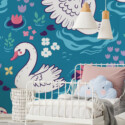 Swan Floral Pond removable wall mural with swans swimming among flowers and water lilies, perfect for kids and girls bedroom décor