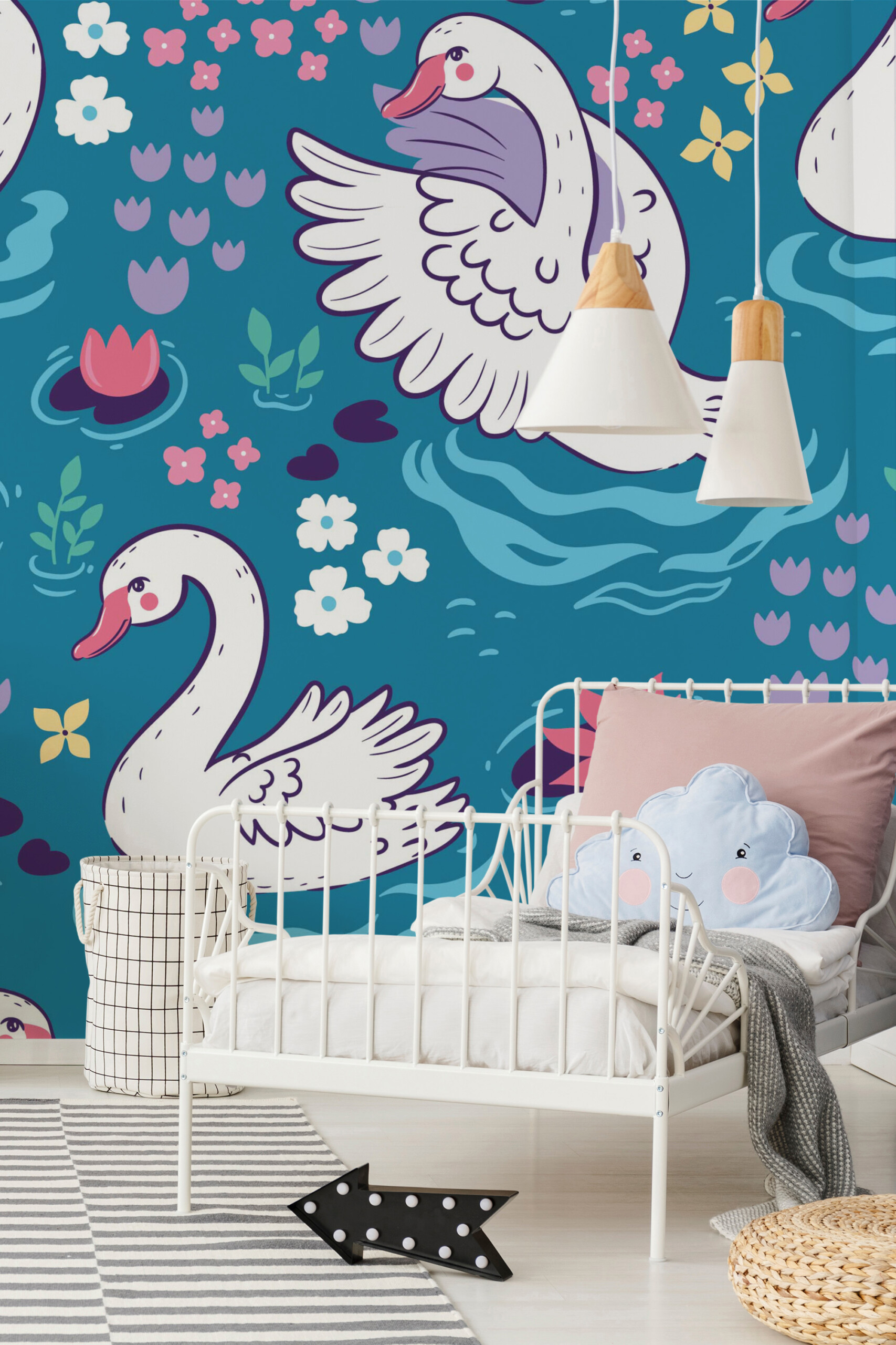 Swan Floral Pond removable wall mural with swans swimming among flowers and water lilies, perfect for kids and girls bedroom décor