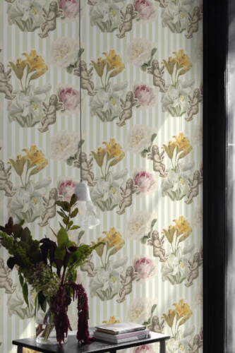 fun sage green striped vintage angel peel and stick wallpaper