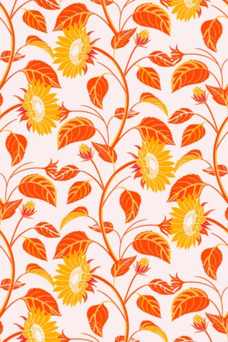Removable wallpaper by Fancy Walls with red sunflower blossoms and vintage leafy vines for cozy retro living spaces
