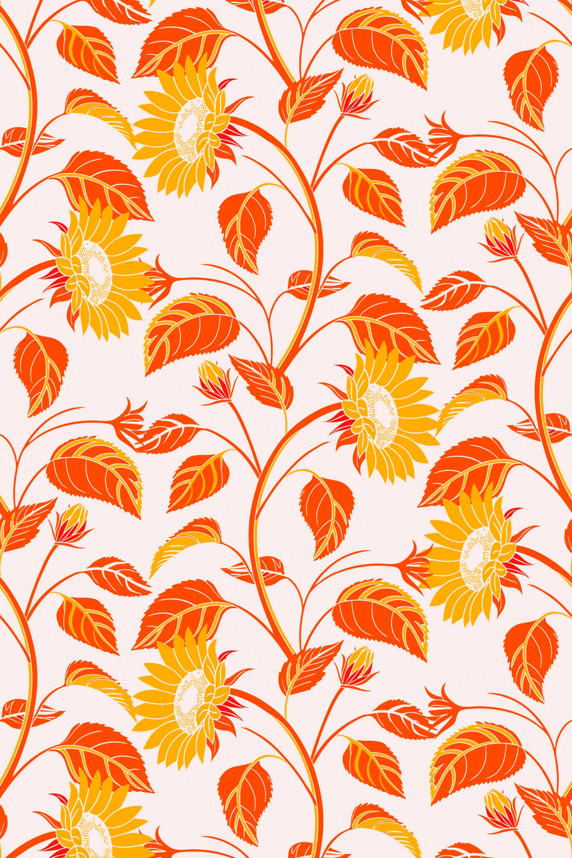 Removable wallpaper by Fancy Walls with red sunflower blossoms and vintage leafy vines for cozy retro living spaces