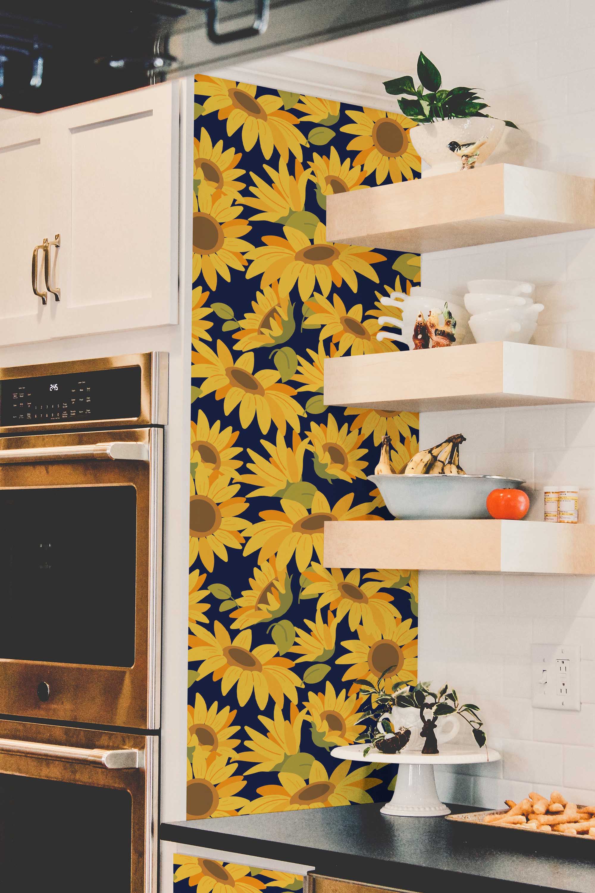 Sunflower Midnights by Fancy Walls peel and stick wallpaper with bright yellow blooms on deep blue background for bold interiors