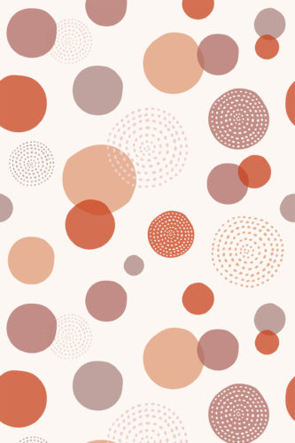 Bold Orange Polka Dot removable wallpaper with scattered large circles and dotted rings in coral, peach, and mauve on a pale background.