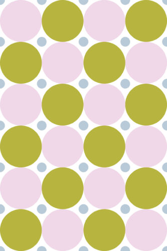 Bold Green Retro Polka Dot removable wallpaper with oversized olive and blush circles and small pale blue dots on white.