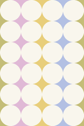 Colorful Retro Polka Dot removable wallpaper with oversized cream circles on pastel pink, yellow, and blue blocks.