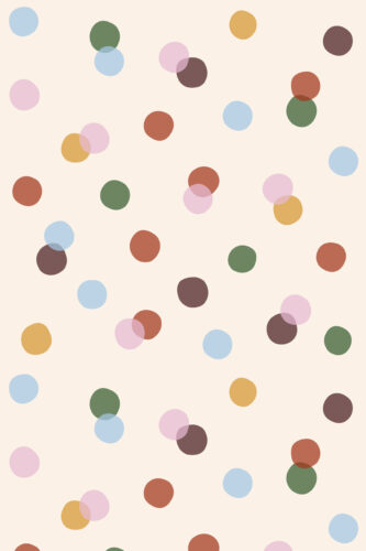 Vintage Colorful Polka Dot removable wallpaper with scattered pastel circles in blue, pink, green, orange, and brown on a cream backdrop.
