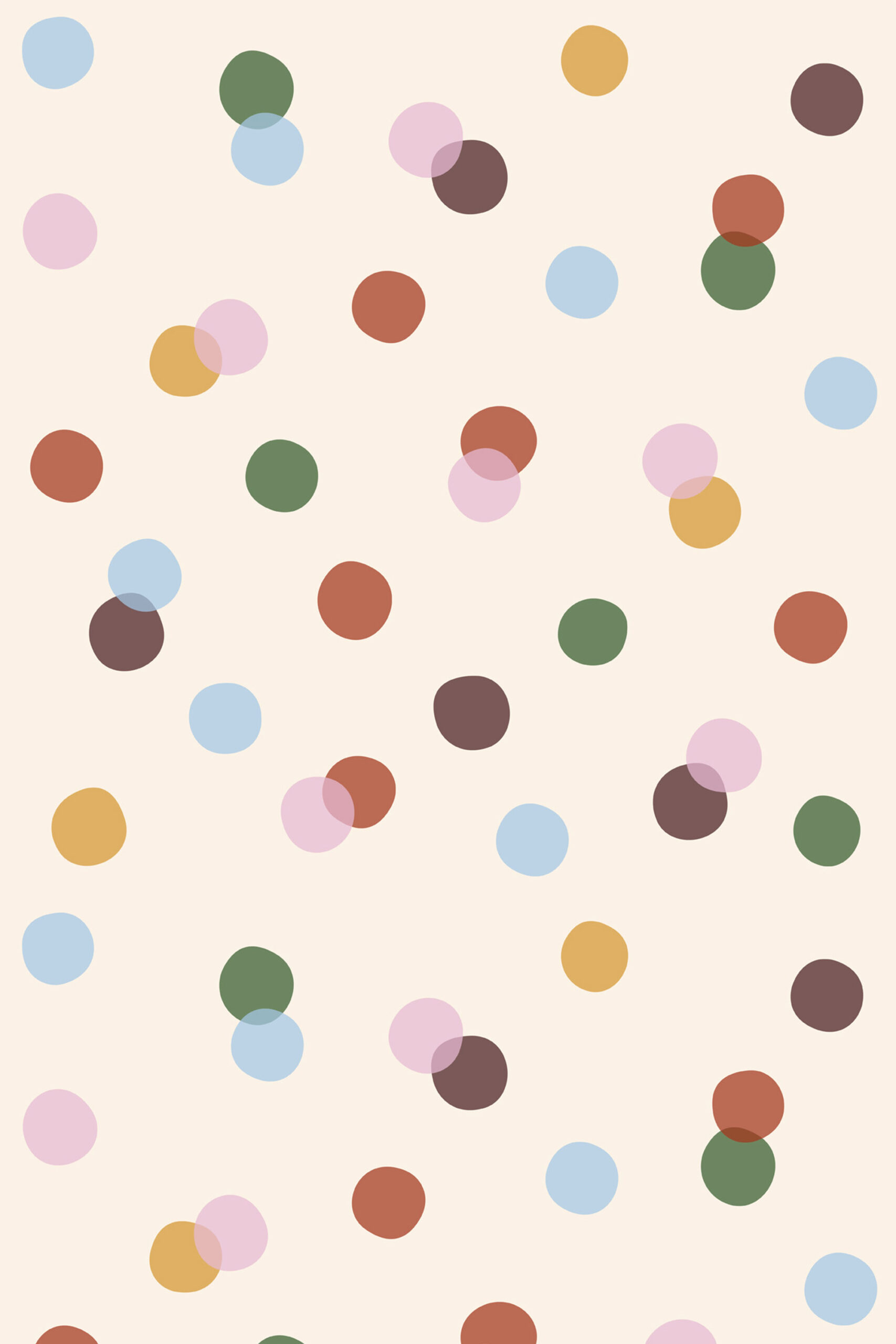 Vintage Colorful Polka Dot removable wallpaper with scattered pastel circles in blue, pink, green, orange, and brown on a cream backdrop.