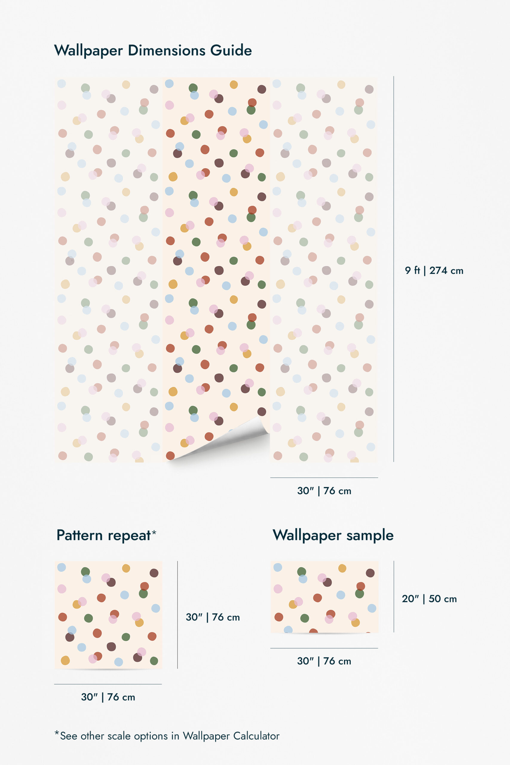 Vintage Colorful Polka Dot shows a pastel multicolor dot pattern with sizing labels for wallpaper for walls.