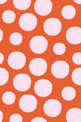 Bold Orange Scribble Dot removable wallpaper with oversized white polka dots filled with pink scribble loops on a bright orange field.