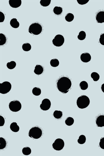 Distressed Blue Polka Dot pre-pasted wallpaper with scattered black dots in varied sizes on a pale blue background.