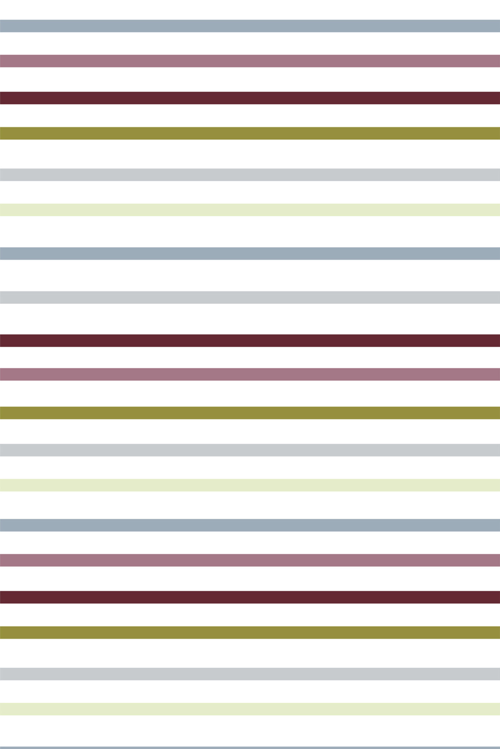 Fine Colorful Stripe removable wallpaper with wide horizontal bands in blue, maroon, olive, gray, and pale green on white.