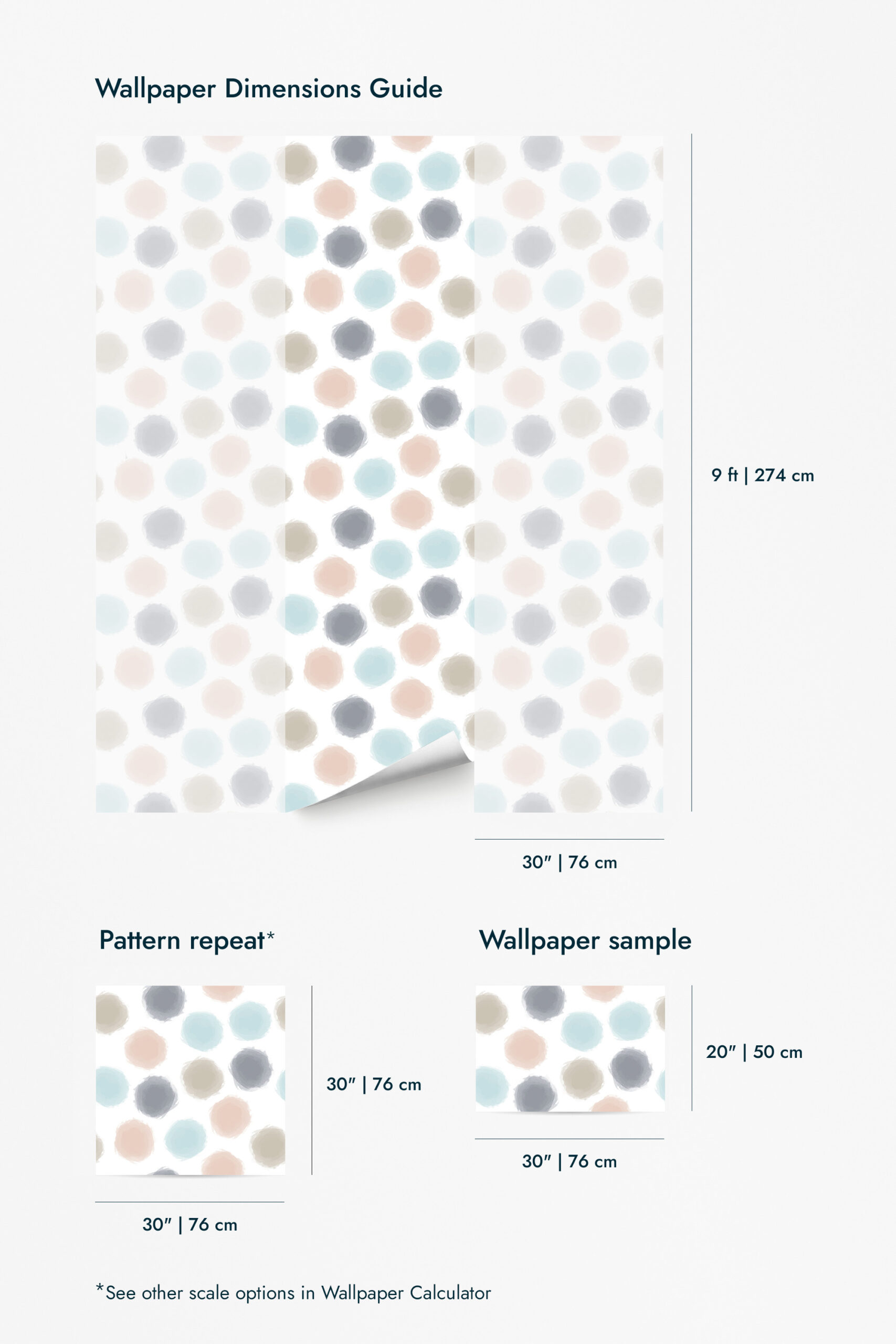 Spaced Beige Dots wallpaper for walls shown as a dimensions guide with soft pastel dots on white and 9 ft by 30 in panel sizing.