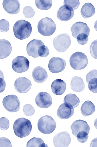 Soft Blue Dots removable wallpaper with scattered watercolor circles in varied blue tones on a white background.