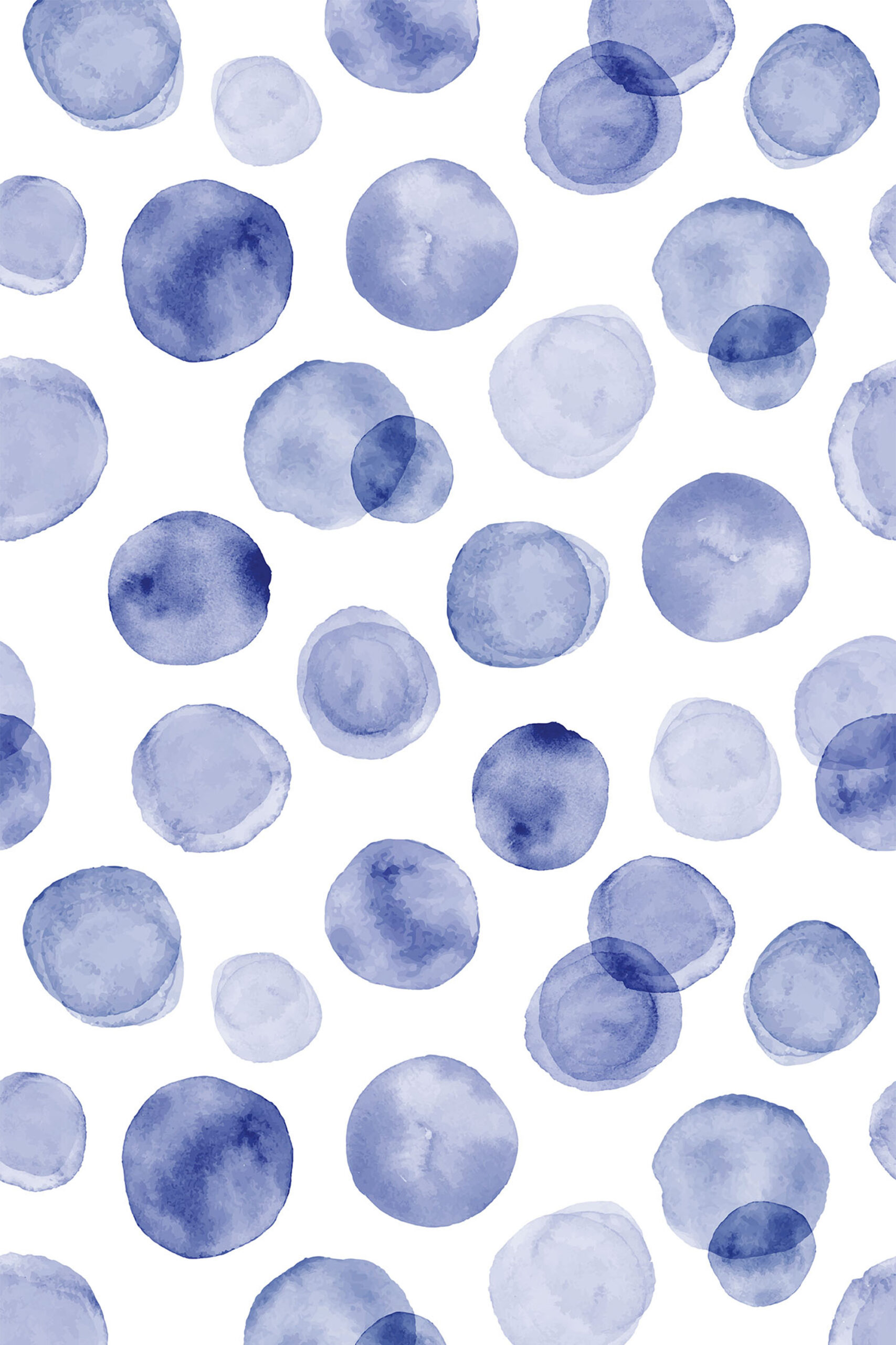 Soft Blue Dots removable wallpaper with scattered watercolor circles in varied blue tones on a white background.