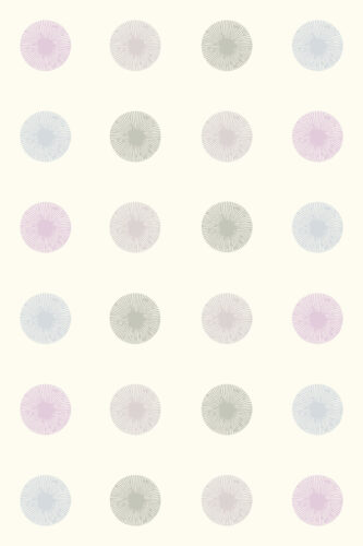 Fine Ivory Sunburst Dots shows evenly spaced pastel sunburst circles in pink, blue, and sage on removable wallpaper.