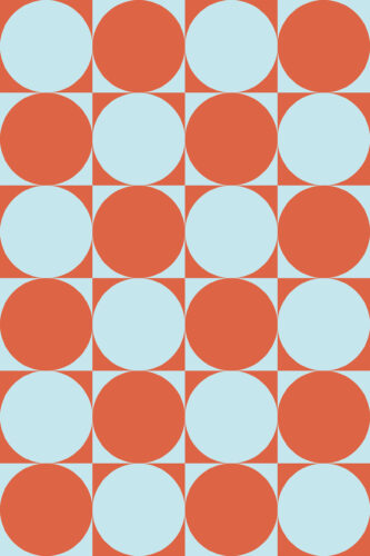 Orange Blue Retro Circles with alternating aqua and orange circle tiles in a checkerboard grid on removable wallpaper.