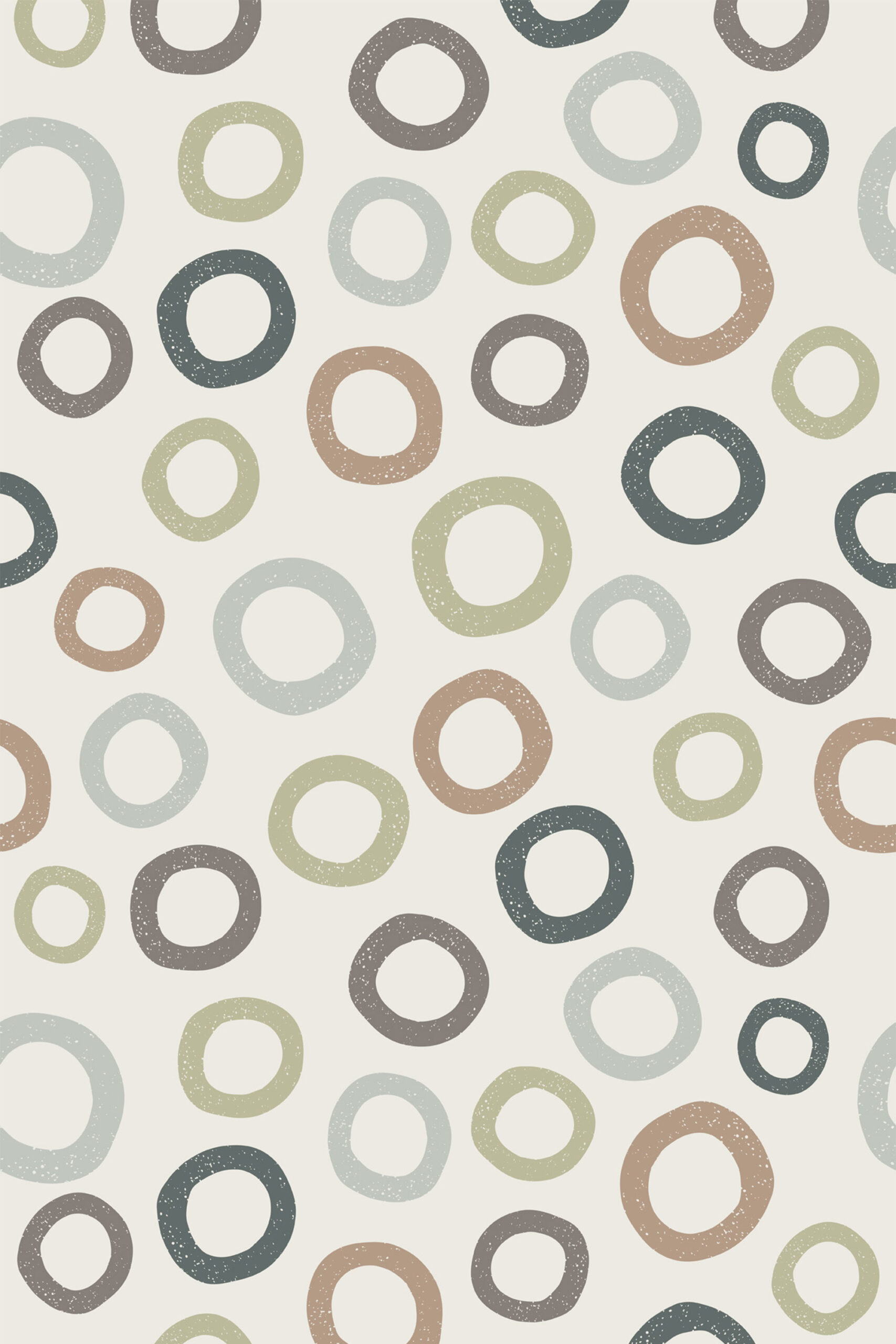 Scattered Beige Ring Dots removable wallpaper with scattered speckled ring dots in muted beige, sage, blue, and gray.