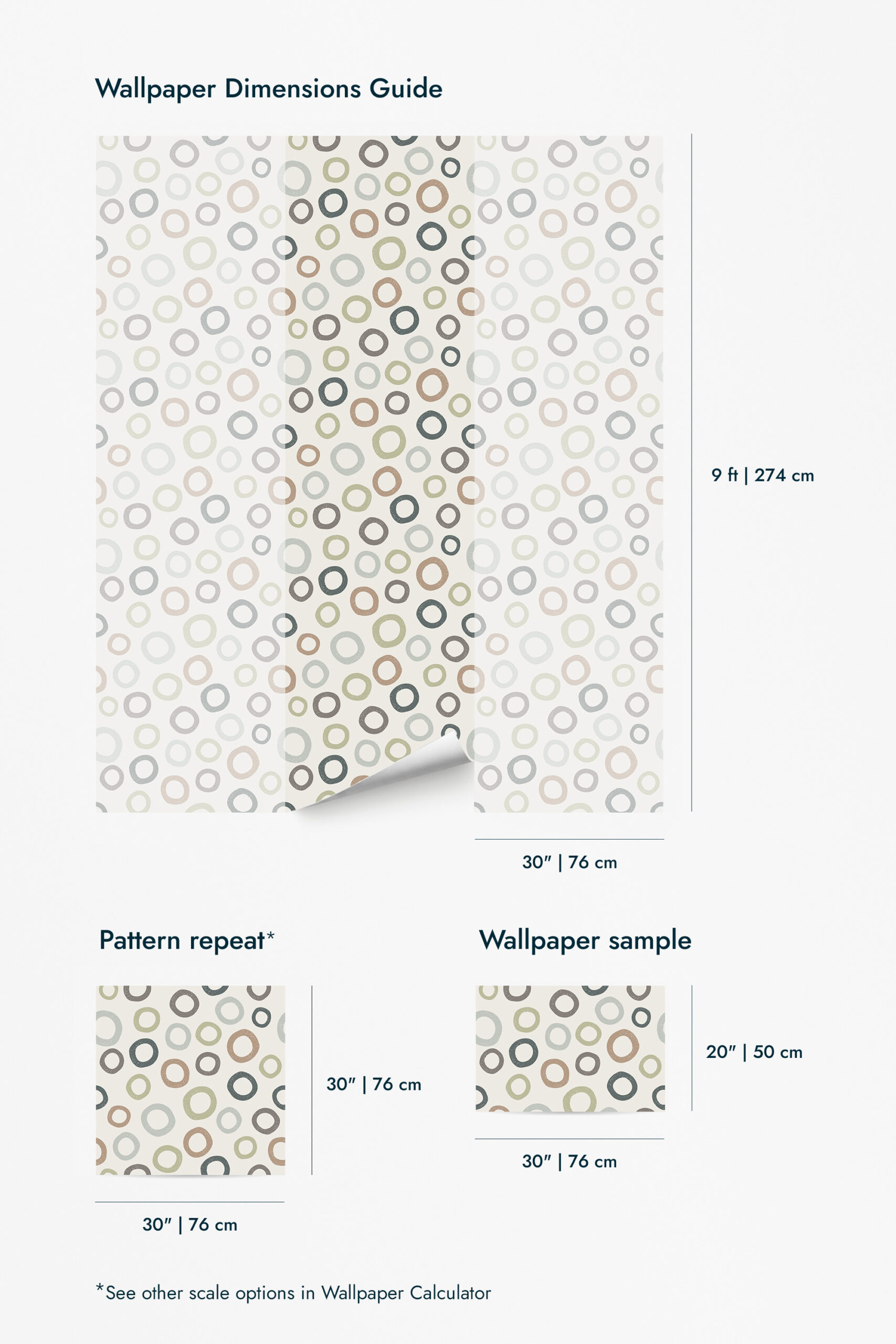 Scattered Beige Ring Dots shows multicolor ring dots on wallpaper for walls, with a dimensions guide for 9 ft by 30 in panels.