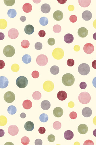 Watercolor Cream Polka Dot removable wallpaper with soft pastel circles in pink, blue, green, yellow, and gray on cream.