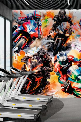 Abstract Moto Racing wall mural fills a gym accent wall with colorful racing motorcycles and paint-splash motion.