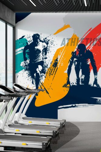 Abstract Athlete Collage wall mural with bold paint splashes and runner silhouettes covering a gym wall behind treadmills.