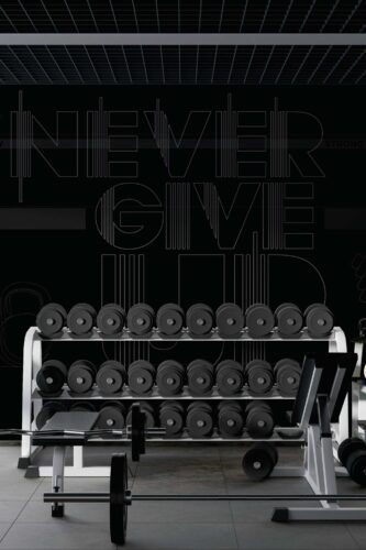 Never Give Up Gym Typography wall mural covering a full gym wall with oversized outlined lettering behind the dumbbell rack.