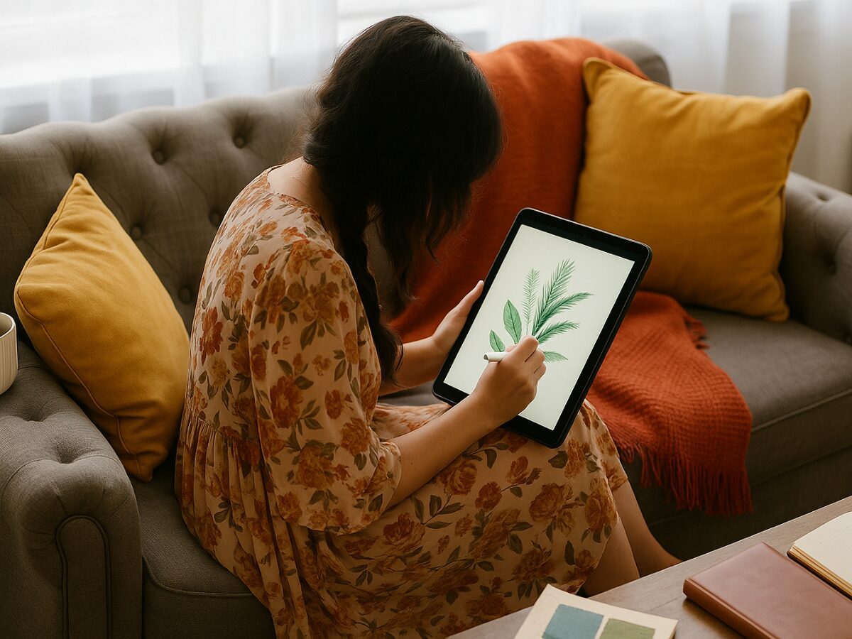 A woman creating a design on her tablet