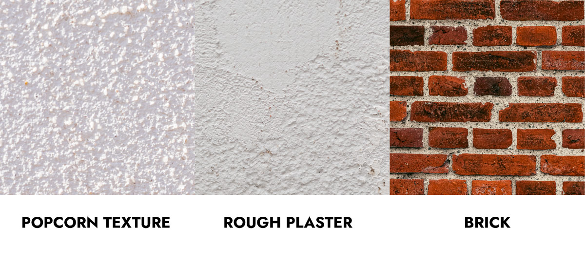 Popcorn, rough plaster, and brick textured walls for wallpaper