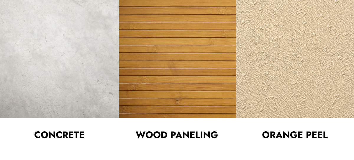 Concrete, wood paneling and orange peel texture walls