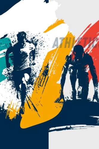 Colorful Abstract Athlete Action shows two sporty silhouettes over bold teal, yellow, and red paint strokes on a custom wall mural.