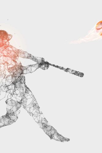 Geometric Fiery Baseball Swing removable wallpaper mural shows a polygon line-art batter swinging toward a flaming baseball on a custom wall mural.