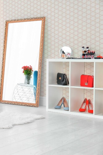 Japandi Pattern by Fancy Walls peel and stick wallpaper in beige with subtle geometric lattice for calm bedrooms