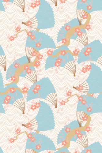 Fancy Walls self-adhesive wallpaper featuring beige Japanese fans with traditional floral details
